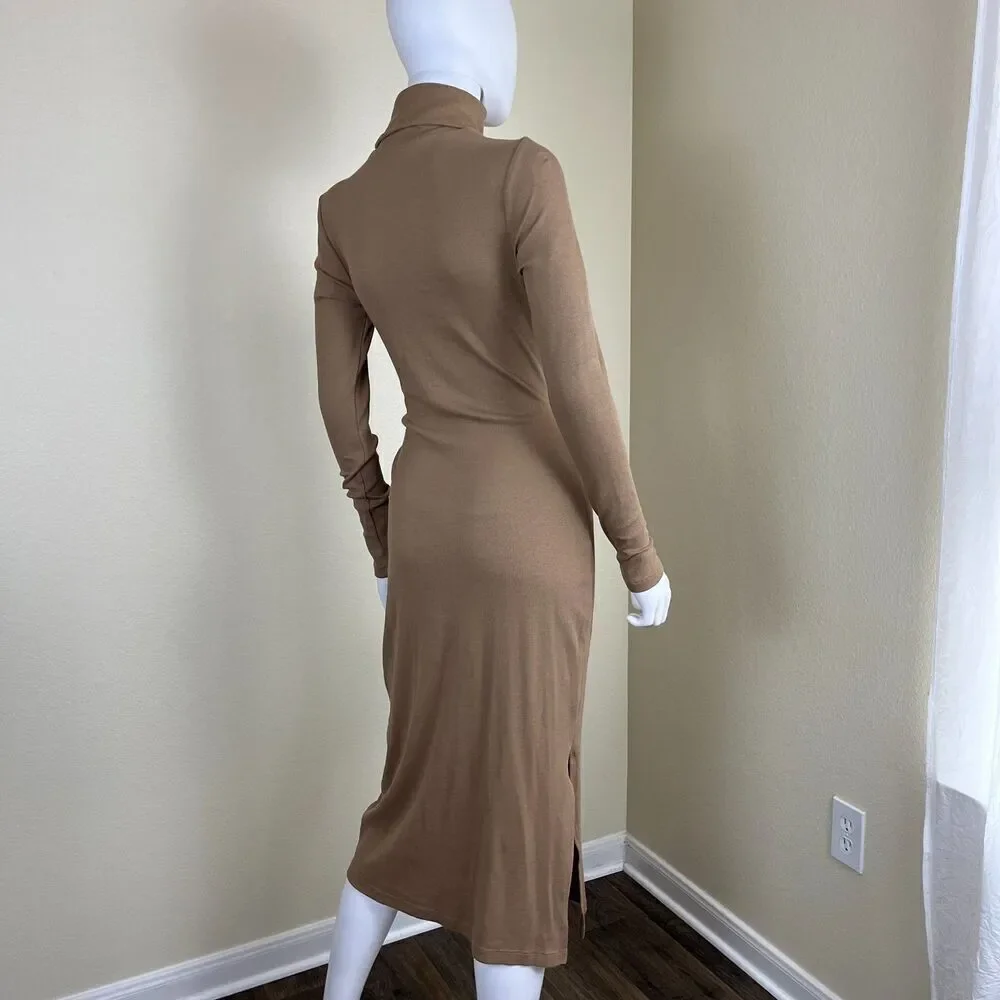 Ralph Lauren Womens Size M Camel Tie Front Turtleneck Sweater Bodycon Midi Dress